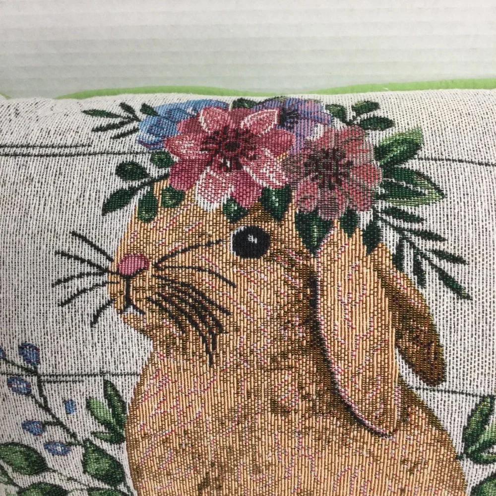 Easter Tapestry Throw Pillow “Flower Crown Bunny” Cottagecore 13inx18in